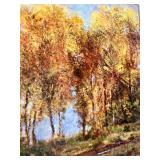 Framed Landscape Artwork with Boat on Autumn Lake