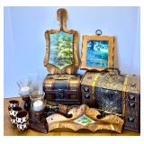 Home Decor Collection with Vintage Trinket Boxes, Wood Candle Holder, Cups, and Art Plaques
