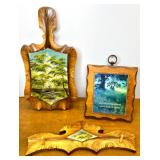 Home Decor Collection with Vintage Trinket Boxes, Wood Candle Holder, Cups, and Art Plaques