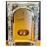 Collection of Glass Tabletop Decor Including Seiko Clock and Oil Lamp