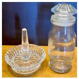 Collection of Glass Tabletop Decor Including Seiko Clock and Oil Lamp