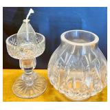 Collection of Glass Tabletop Decor Including Seiko Clock and Oil Lamp