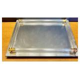 Collection of Glass Tabletop Decor Including Seiko Clock and Oil Lamp