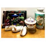Asian Decor Collection with Hand-Painted Vase, Lidded Jar, Album, and Duck Figures