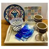 Eclectic Decorative Ceramic and Glass Tableware Collection with Serving Tray