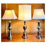 Set of 3 Brass Table Lamps with Fabric Shades