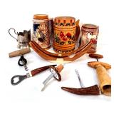 Collection of Beer Steins and Mug with Barware Accessories