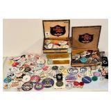 Vintage Pinback Buttons and Keychains Collection with Cigar Boxes