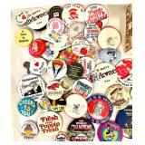 Vintage Pinback Buttons and Keychains Collection with Cigar Boxes