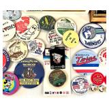 Vintage Pinback Buttons and Keychains Collection with Cigar Boxes