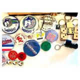 Vintage Pinback Buttons and Keychains Collection with Cigar Boxes
