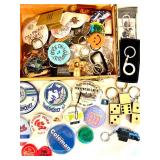 Vintage Pinback Buttons and Keychains Collection with Cigar Boxes