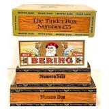 Vintage Pinback Buttons and Keychains Collection with Cigar Boxes