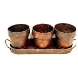 Outdoor Garden Decor Collection: Bird Feeders, Copper Planter Trio, and Metal Candle Holder