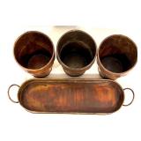 Outdoor Garden Decor Collection: Bird Feeders, Copper Planter Trio, and Metal Candle Holder