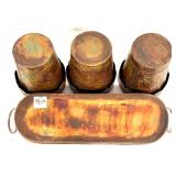 Outdoor Garden Decor Collection: Bird Feeders, Copper Planter Trio, and Metal Candle Holder