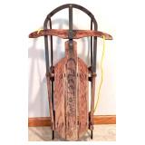 Vintage Fleetwing Wooden Sled with Metal Runners and Yellow Rope