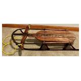 Vintage Fleetwing Wooden Sled with Metal Runners and Yellow Rope