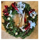 Collection of Holiday Wreaths and Artificial Greenery Decor including Vintage Kugel Heavy Silver Ornaments