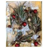 Collection of Holiday Wreaths and Artificial Greenery Decor including Vintage Kugel Heavy Silver Ornaments