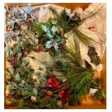 Collection of Holiday Wreaths and Artificial Greenery Decor including Vintage Kugel Heavy Silver Ornaments