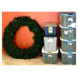 Large Pre-Lit Artificial Christmas Wreath with Storage Totes of Garland and Rope Lights