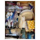 Collection of Disposable Tableware including Plates, Cups, Utensils, and Napkins