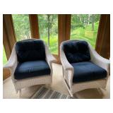 Pair of White Wicker Rocking Chairs with Navy Cushions
