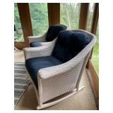 Pair of White Wicker Rocking Chairs with Navy Cushions