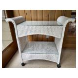 White Wicker Two-Tier Bar Cart with Glass Shelves and Casters