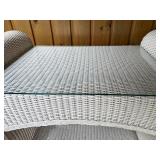 White Wicker Two-Tier Bar Cart with Glass Shelves and Casters