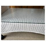 White Wicker Two-Tier Bar Cart with Glass Shelves and Casters