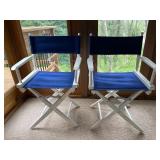 Pair of White Director Chairs with Blue Canvas Seats