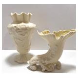 Pair of Belleek Ireland Cream Porcelain Vases with Embossed Designs