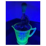 Vintage Uranium Glass 4-Cup Measuring Pitcher with Egg Beater and Green Handle