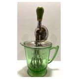 Vintage Uranium Glass 4-Cup Measuring Pitcher with Egg Beater and Green Handle