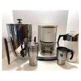 Coffee Service Lot with Large Percolator, Krups Maker, Carafe, and Travel Mugs