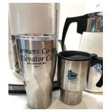 Coffee Service Lot with Large Percolator, Krups Maker, Carafe, and Travel Mugs