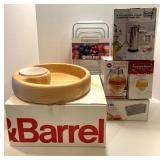 Kitchenware Set Including Crate & Barrel Wooden Tray, Storage Containers, Dispensers, and Bacon Press