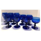 Set of 13 Cobalt Blue Stemmed Glasses, 6 Tall and 7 Short