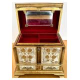 Vintage Gold-Tone Jewelry Box with Floral Design, Wooden Prayer Wheel and Ceramic box with lid