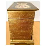 Vintage Gold-Tone Jewelry Box with Floral Design, Wooden Prayer Wheel and Ceramic box with lid