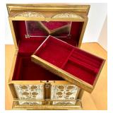 Vintage Gold-Tone Jewelry Box with Floral Design, Wooden Prayer Wheel and Ceramic box with lid