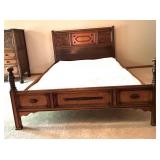 Vintage Wooden Full-Size Bed Frame with Ornate Headboard