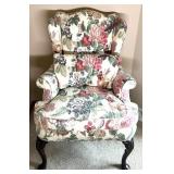 Floral Upholstered Wingback Chair with Carved Wood Legs