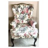Floral Upholstered Wingback Chair with Carved Wood Legs