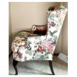 Floral Upholstered Wingback Chair with Carved Wood Legs