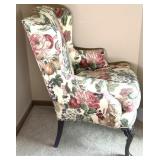 Floral Upholstered Wingback Chair with Carved Wood Legs