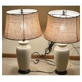 Pair of Beige Ceramic Table Lamps with Fabric Shades