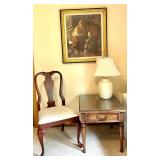 Traditional Henredon Side Table, Queen Anne Style Chair, Art Print, and Stiffel Table Lamp Set